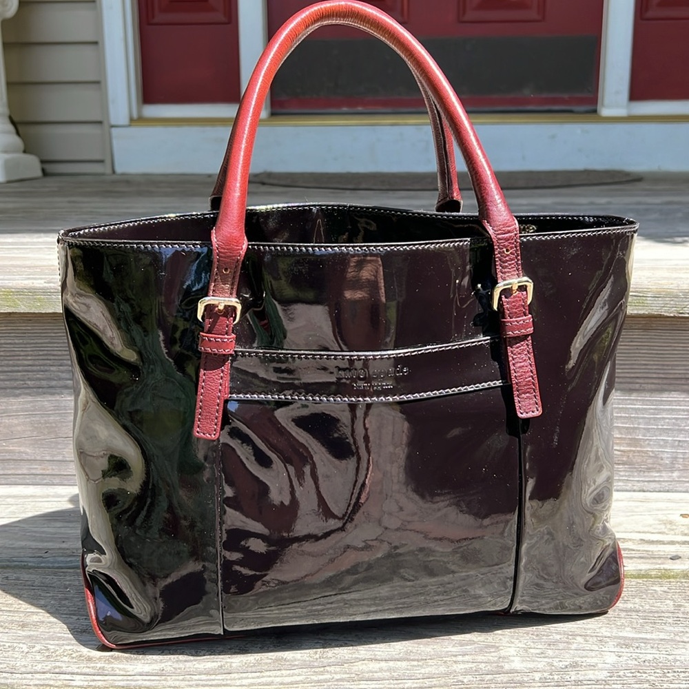 Kate Spade Black Patent Leather Rudy Tote Satchel Middlesex Handbag Large Brown